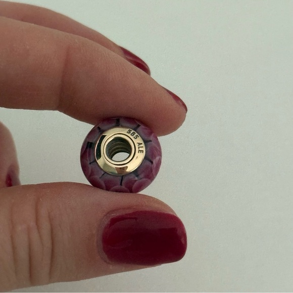 Pandora 14K Yellow Gold Pink Lotus Murano Glass Rare Retired Charm - Picture 5 of 9